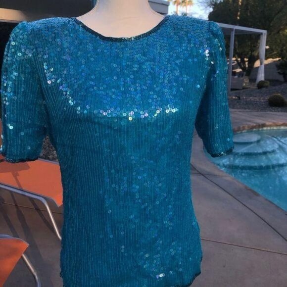 Saks Fifth Avenue Silk Top Small S Womens Vintage Blue Sequin Short Sleeve - Picture 10 of 12